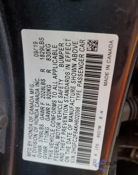 2019 Honda Civic Lx z USA, uszkodzony, nr VIN 2HGFC2F64KH602098
